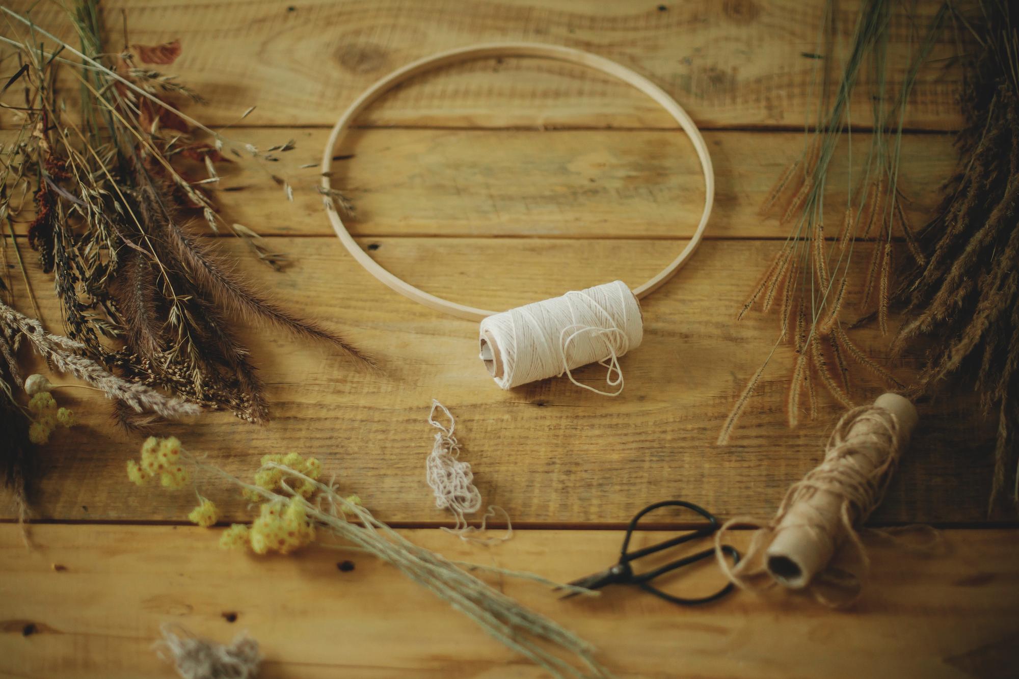 Atelier interior with threads and hoops on table